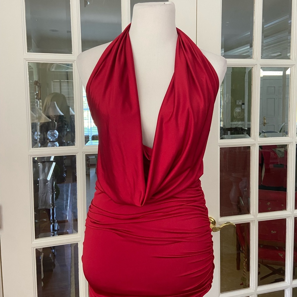 Red scoop neck mini dress